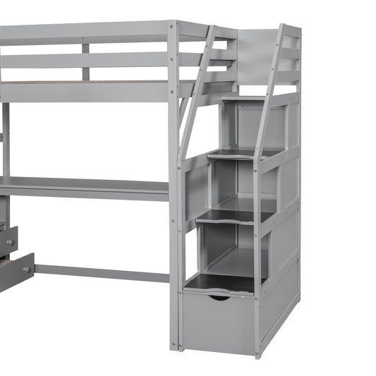 Twin Size Loft Bed with Desk and Shelves Two Built-in Drawers, Storage Staircase Gray