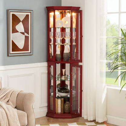 Corner Curio cabinet with illuminated glass display stand and tempered glass door, with adjustable bracket and light bulb