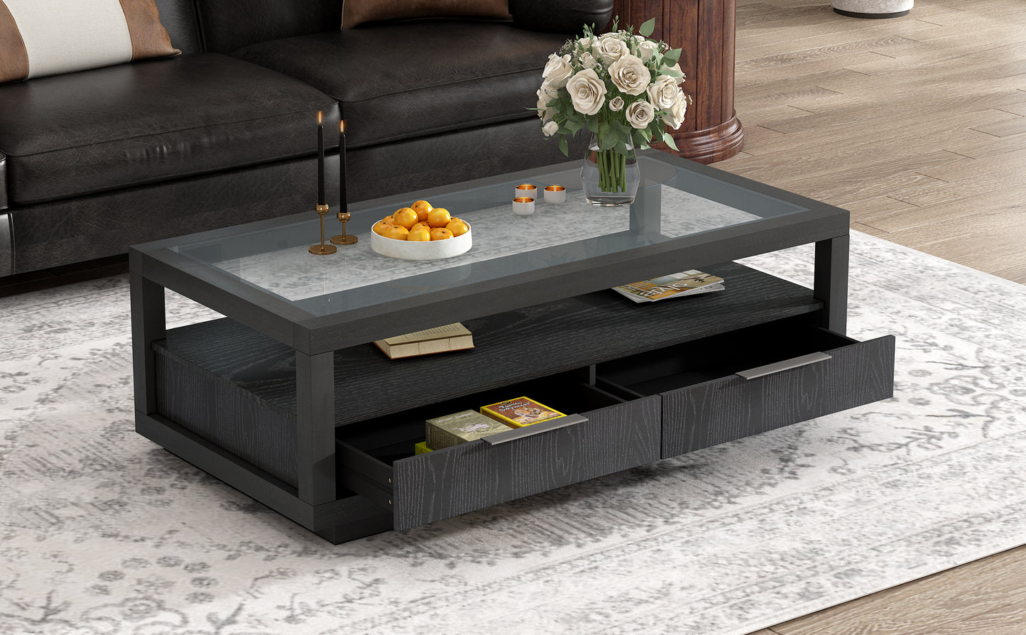 U-Can modern wooden coffee table with 2 drawers and minimalist display coffee table with transparent tempered glass