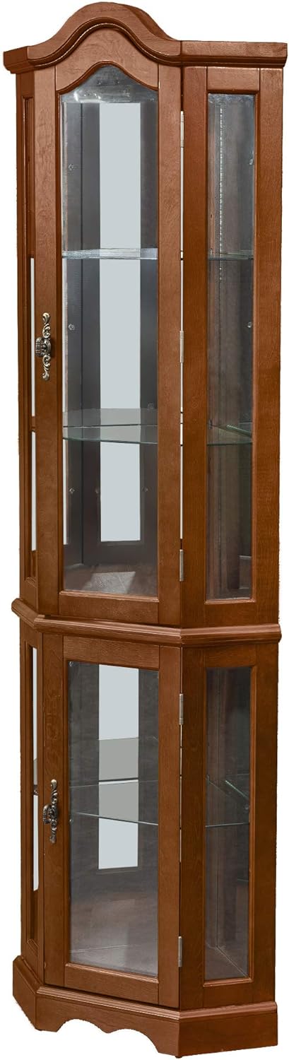 Corner Curio Cabinet with Adjustable Tempered Glass Shelves, Mirror Back Panel, Walnut Wood Finish