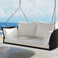 2-Person Hanging Seat, Rattan Woven Swing Chair, Porch Swing With Ropes, Black Wicker And White Cushion