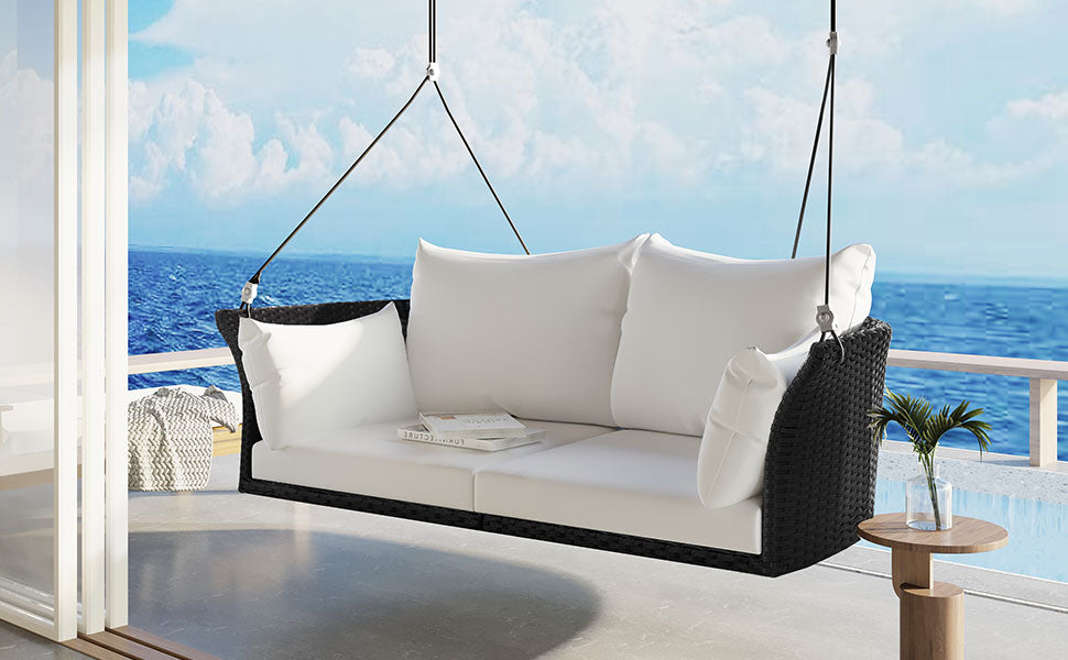 2-Person Hanging Seat, Rattan Woven Swing Chair, Porch Swing With Ropes, Black Wicker And White Cushion