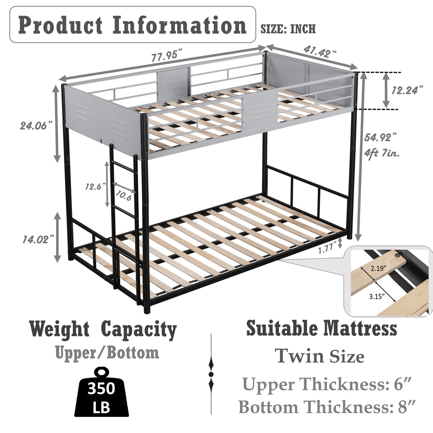 Metal twin bed with ventilation panel for noise reduction/safety guardrail/flexible space support/triple bed/CPC Certified