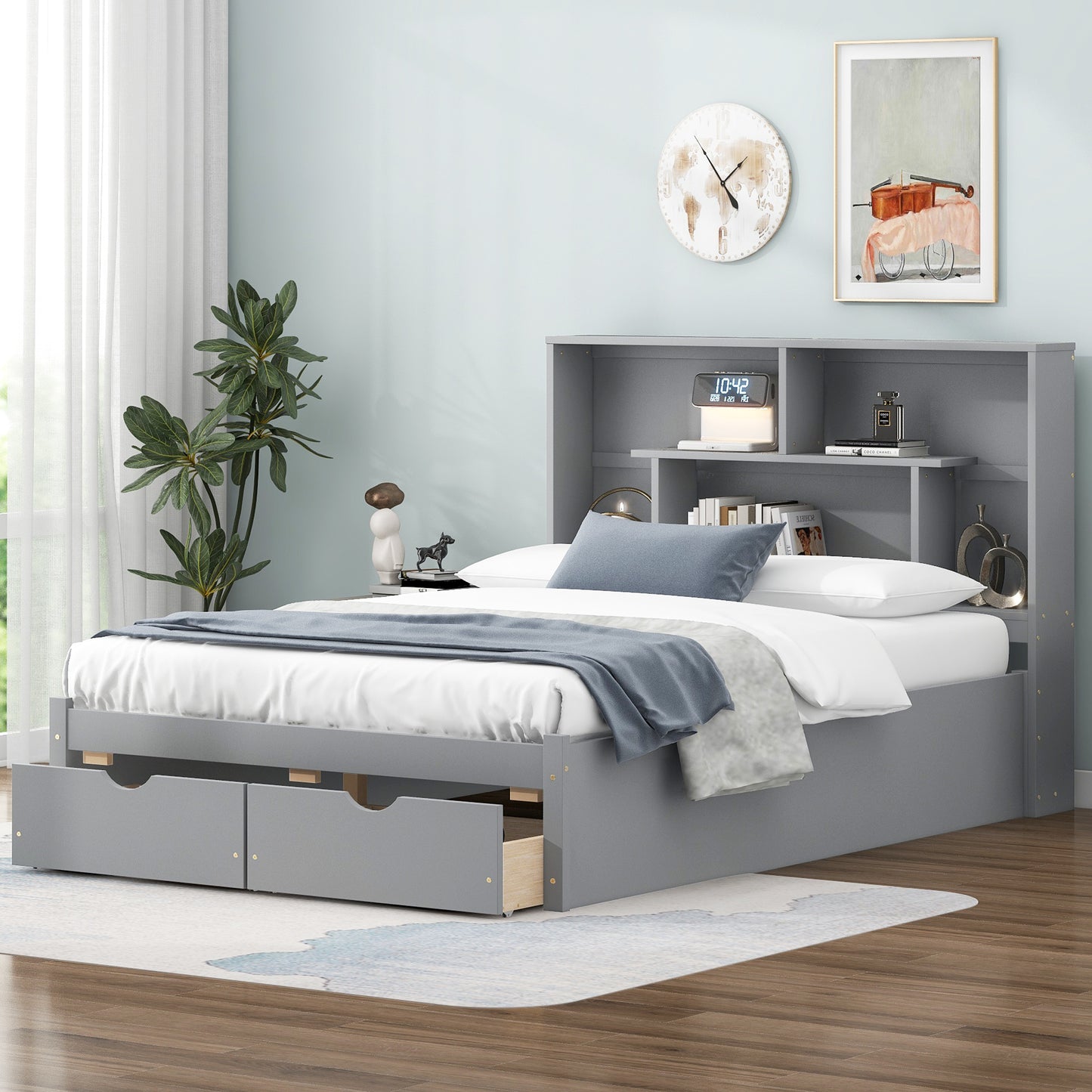 Full Size Platform Bed with Storage Headboard and 2 Drawers, Gray