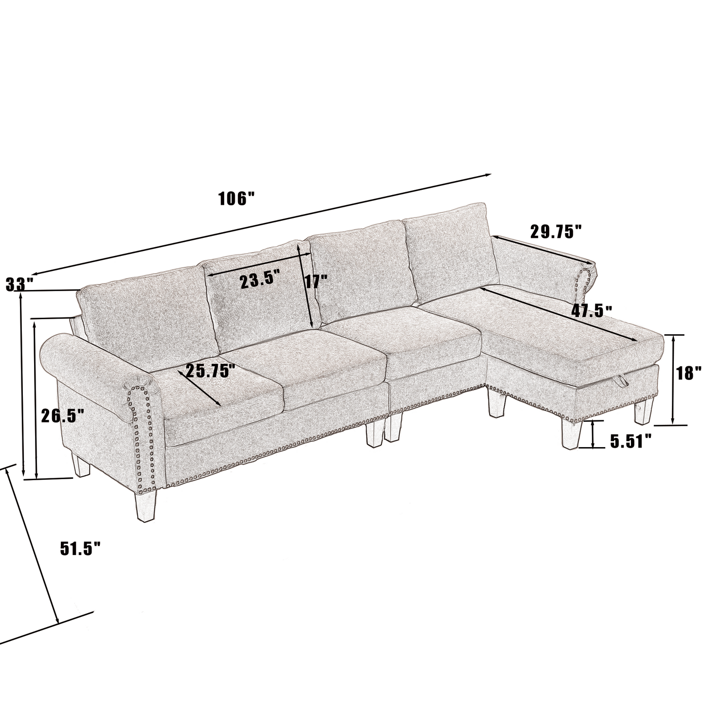 Convertible Sectional Sofa with Storage, L-Shaped Four-Seater Design in Modern Linen Fabric, Beige