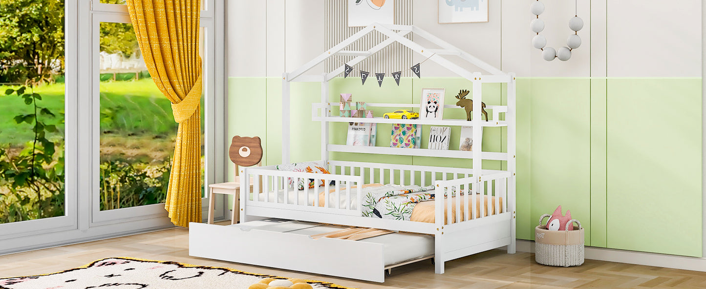 Wooden Twin Size House Bed with Trundle Kids Bed with Shelf White