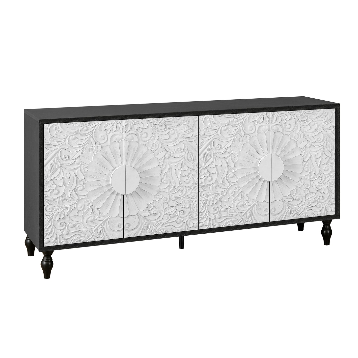 Vintage White Large Faceted Carved Sideboard with Black Frames, Perfect for TV Stands and Accent Cabinets