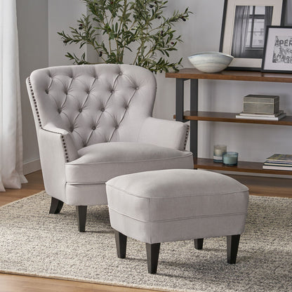 Sillón club moderno de tela gris claro y conjunto de otomana, elegante sillón acolchado para salas de estar