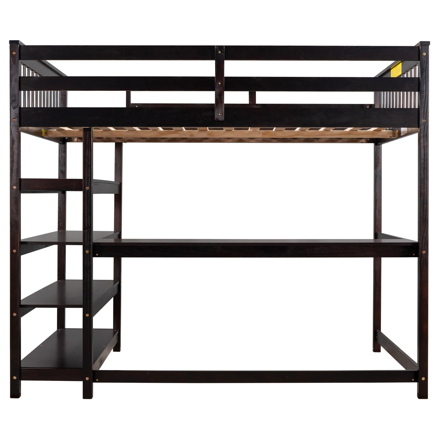 Full Size Loft Bed with Storage Shelves and Under-bed Desk  Espresso