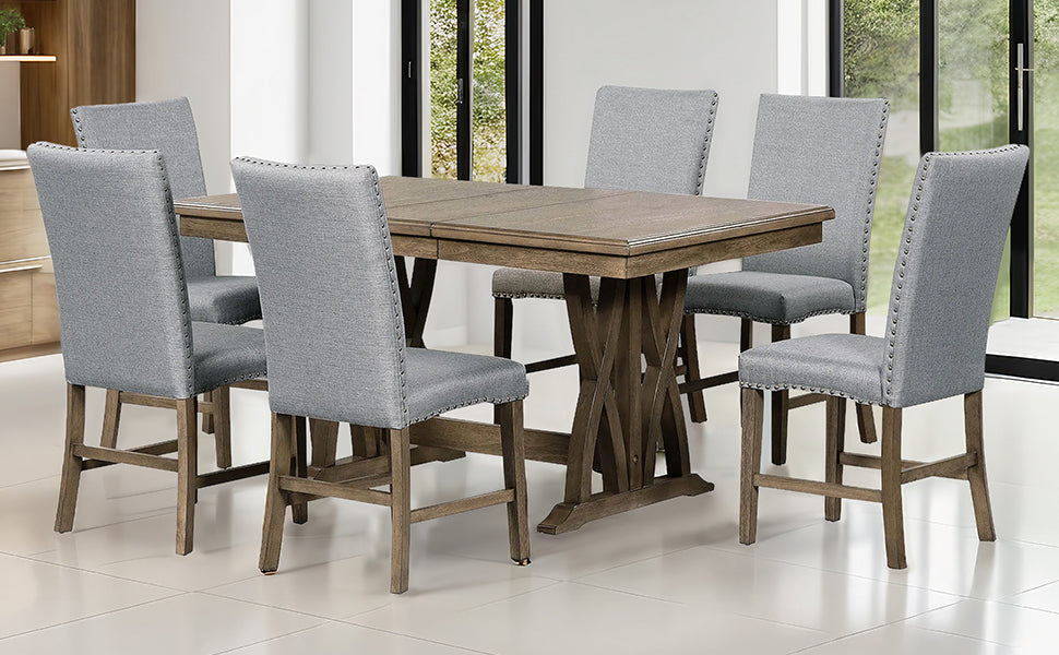 TOPMAX Mid-Century Solid Wood 7-Piece Expandable Dining Table Set with Soft Cushioned Chairs, Gold Brown and Gray