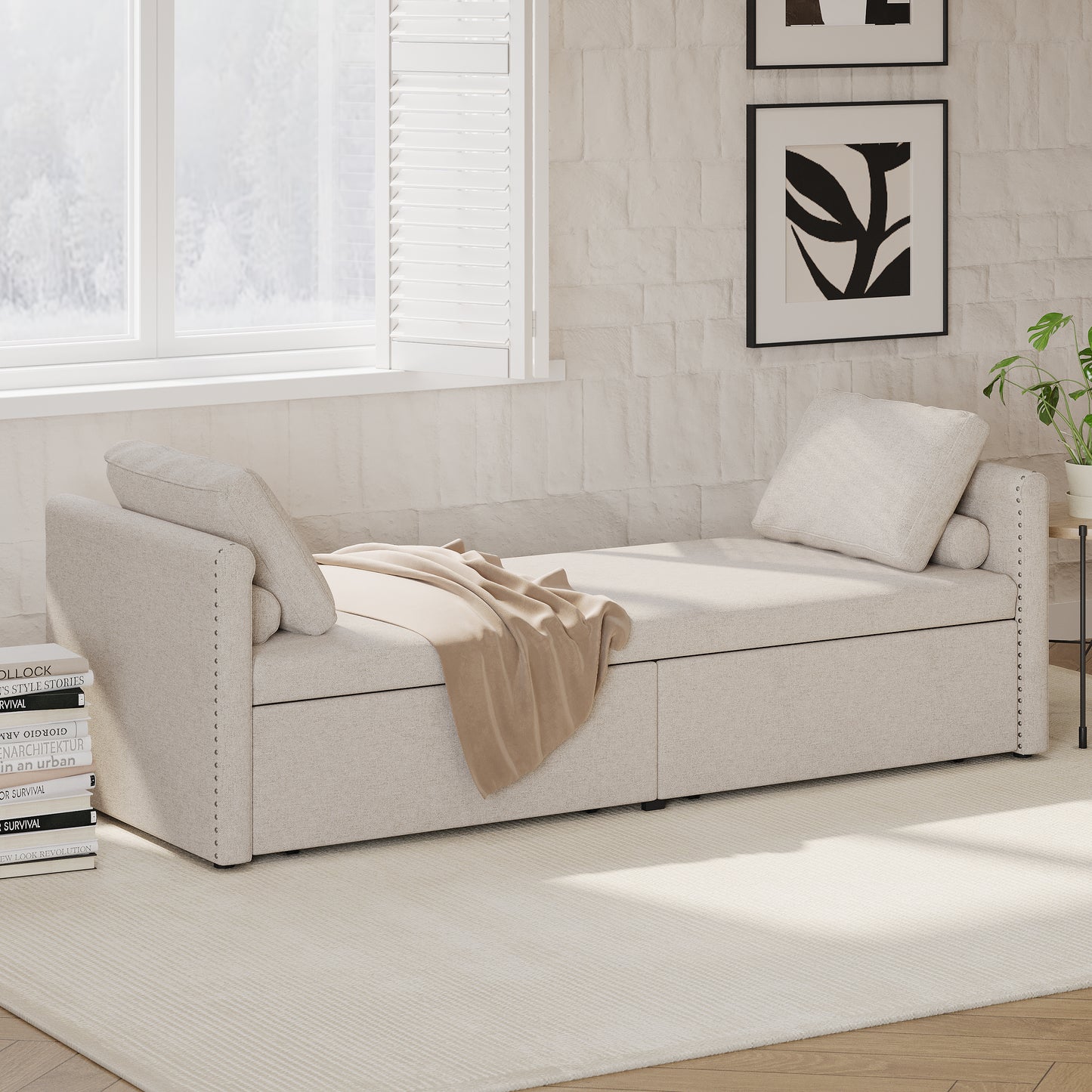 Modern Cushioned Lounge Chair Sofa Bed with 2 Drawers, Linen Fabric in Beige