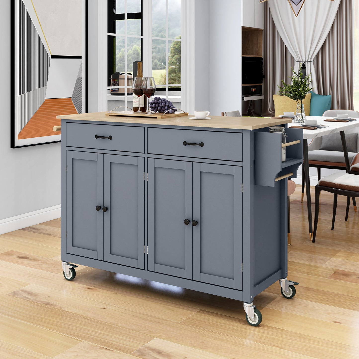 Kitchen Island Cart with Solid Wood Top and Locking Wheels, 54.3-Inch Width in Grey Blue