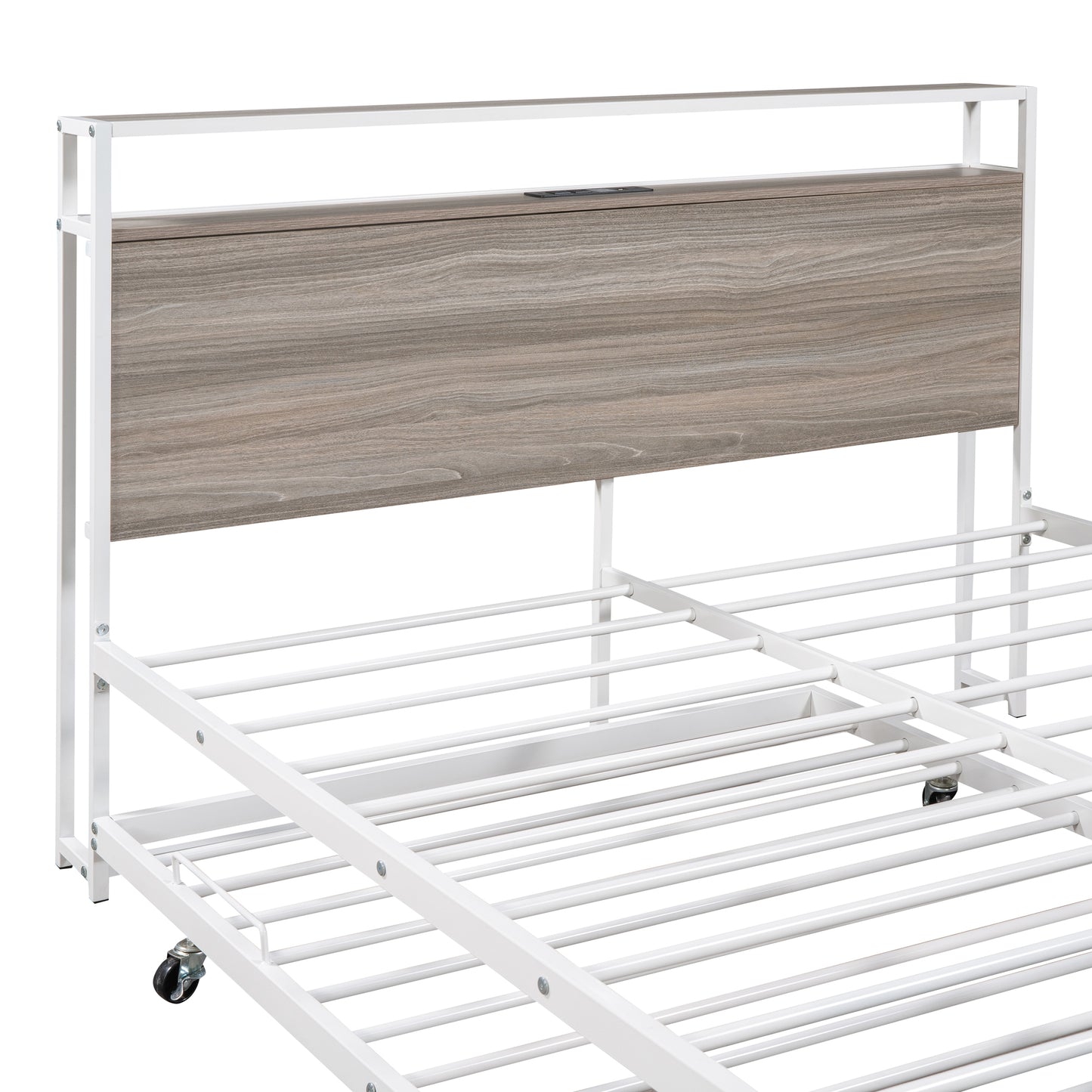 Full Size Metal Platform Bed Frame with Trundle, USB Ports and Slat Support No Box Spring Needed White