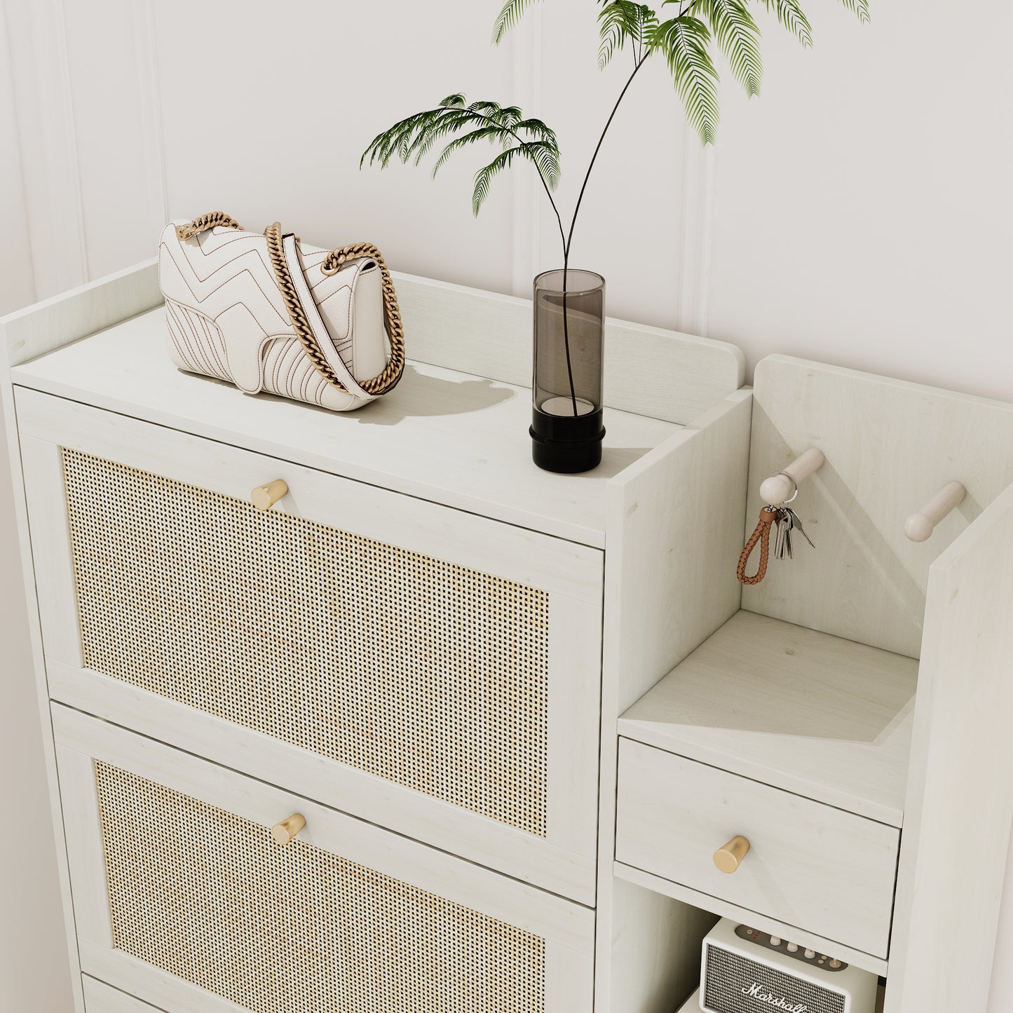 Natural Bohemian style shoe cabinet with 3 rattan flip drawers, 3 square shelves, and 1 storage drawer, white