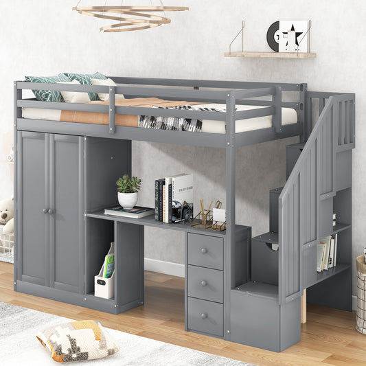 Twin Size Loft Bed with Wardrobe and Staircase  Desk and Storage Drawers and Cabinet in 1 Gray