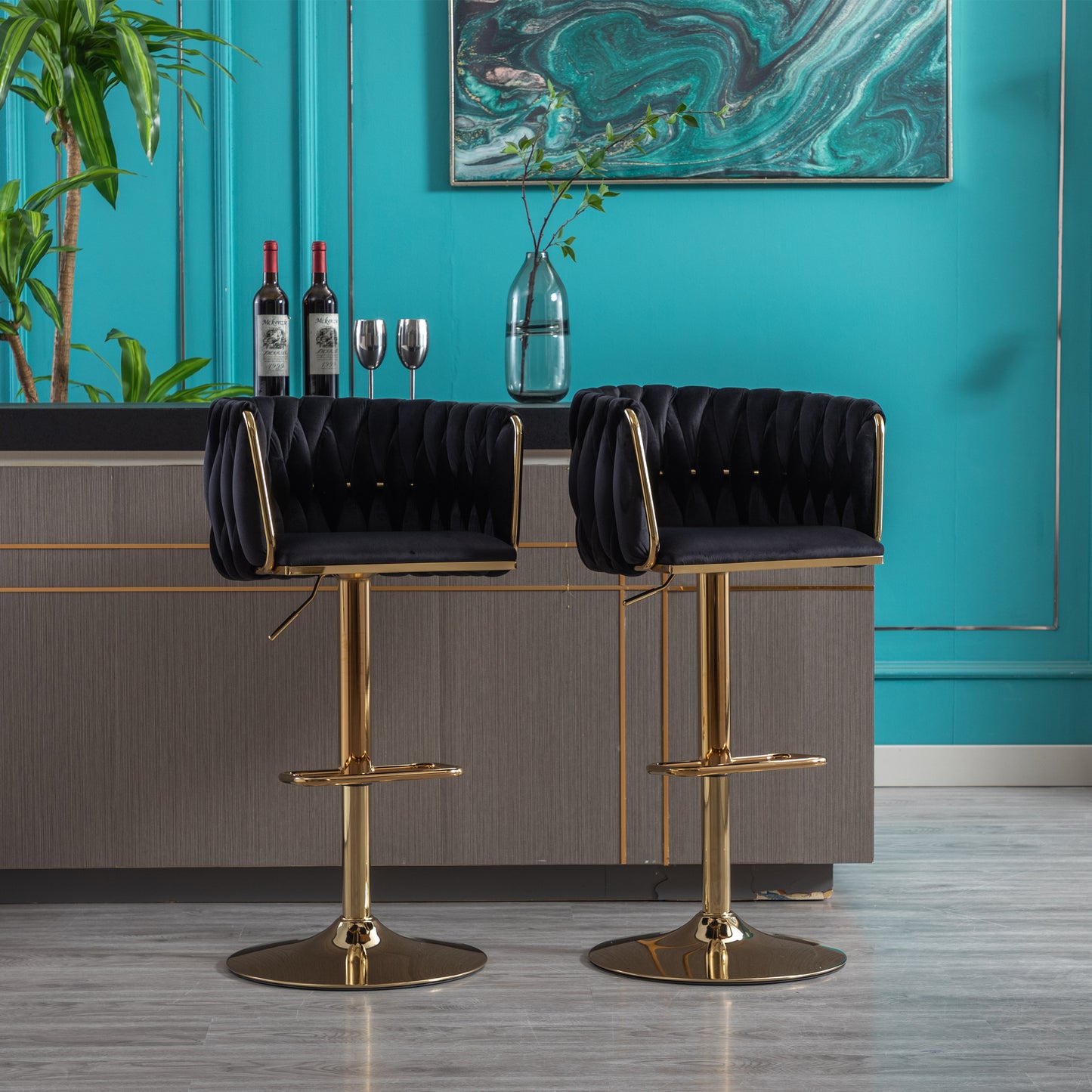 Set of 2 Bar Stools with Chrome Footrest and Swivel Base, Velvet Upholstery and Golden Legs, Black Finish