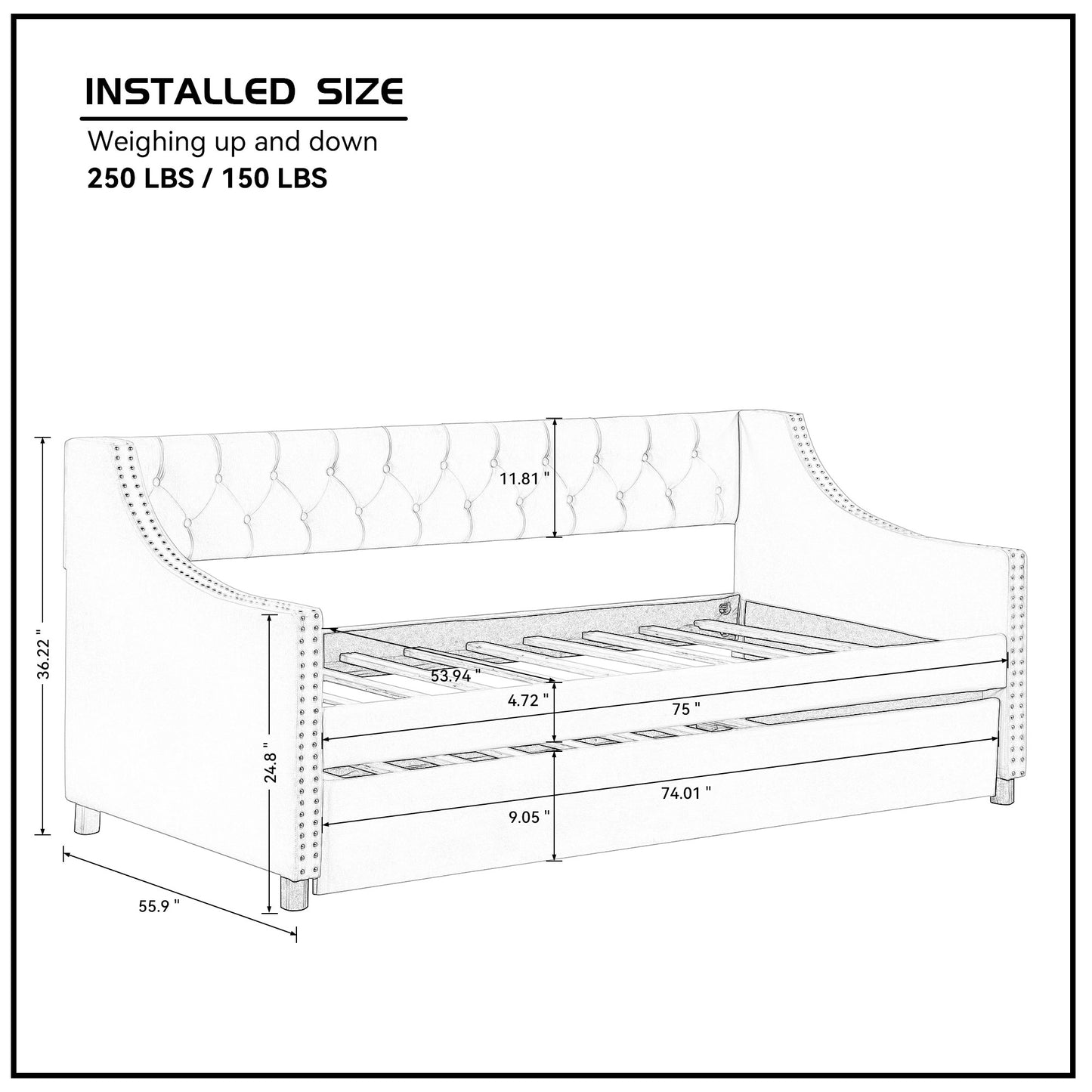 Sofá cama nido, sofá cama tapizado con mechones y detalles de botones y clavos de cobre, tamaño completo, beige