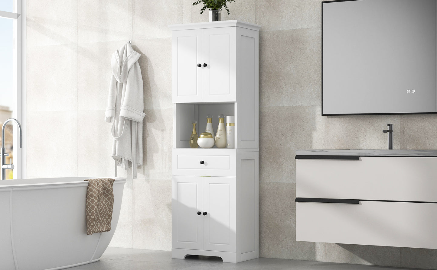 Tall Bathroom Cabinet with Four Doors, Large Storage Space Open Shelve, Upper Storage Cabinet, Whit