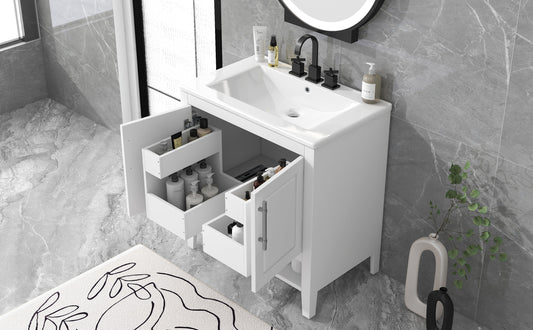 Bathroom Vanity with Sink Multi-functional Bathroom Cabinet with Doors and Drawers Solid Frame and MDF Board, White