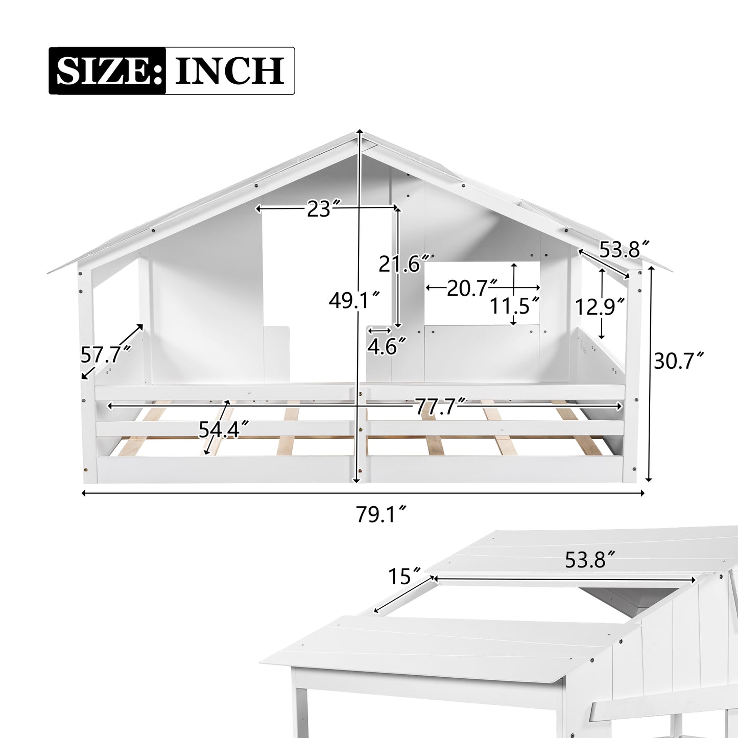 Wood Full Size House Bed with Roof, Window and Guardrail White