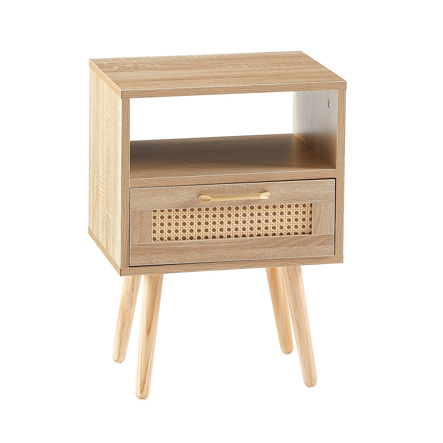 Rattan End table with drawer and solid wood legs Modern nightstand side table for living room natural