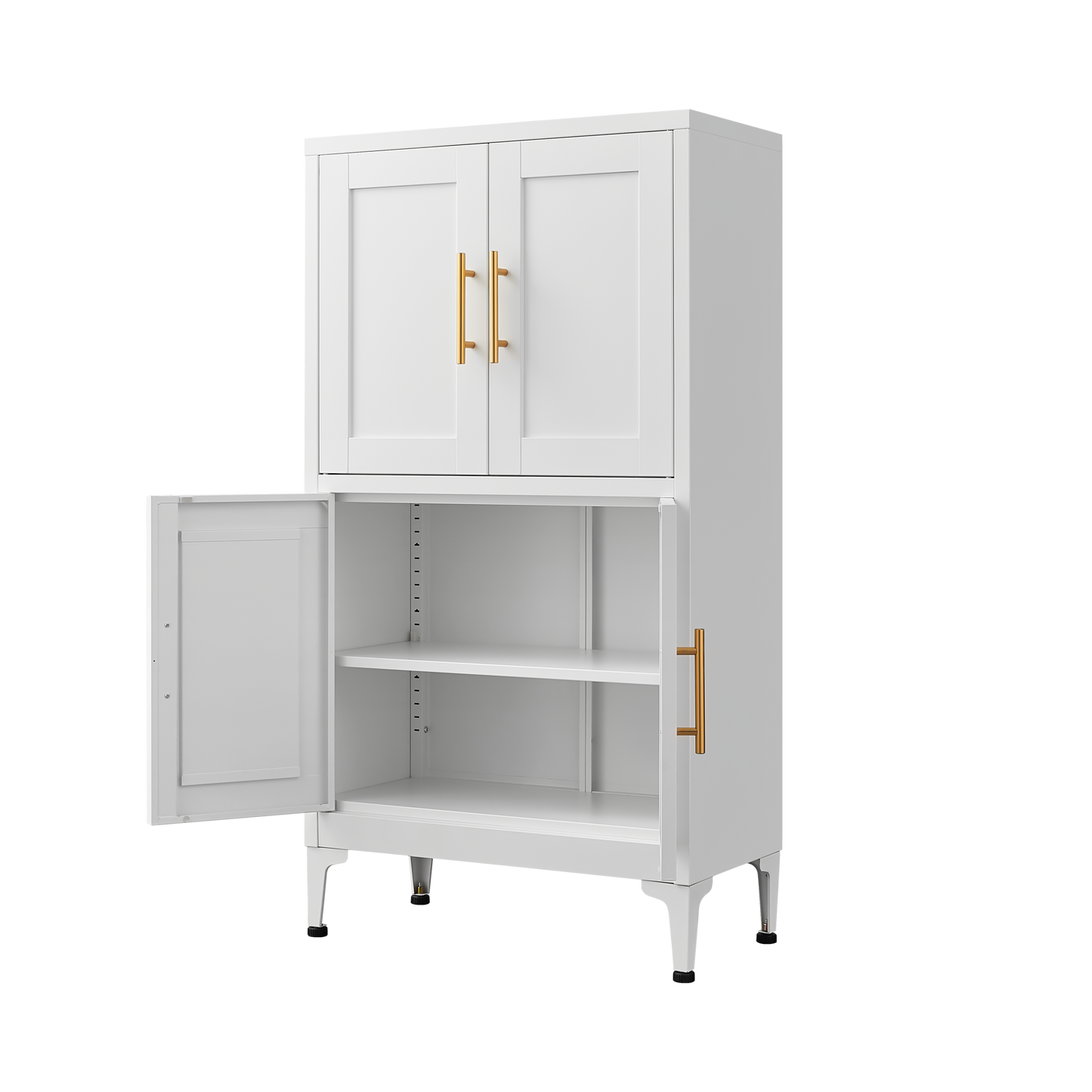 White Metal Kitchen Storage Cabinet with Adjustable Shelves and Leveling Feet