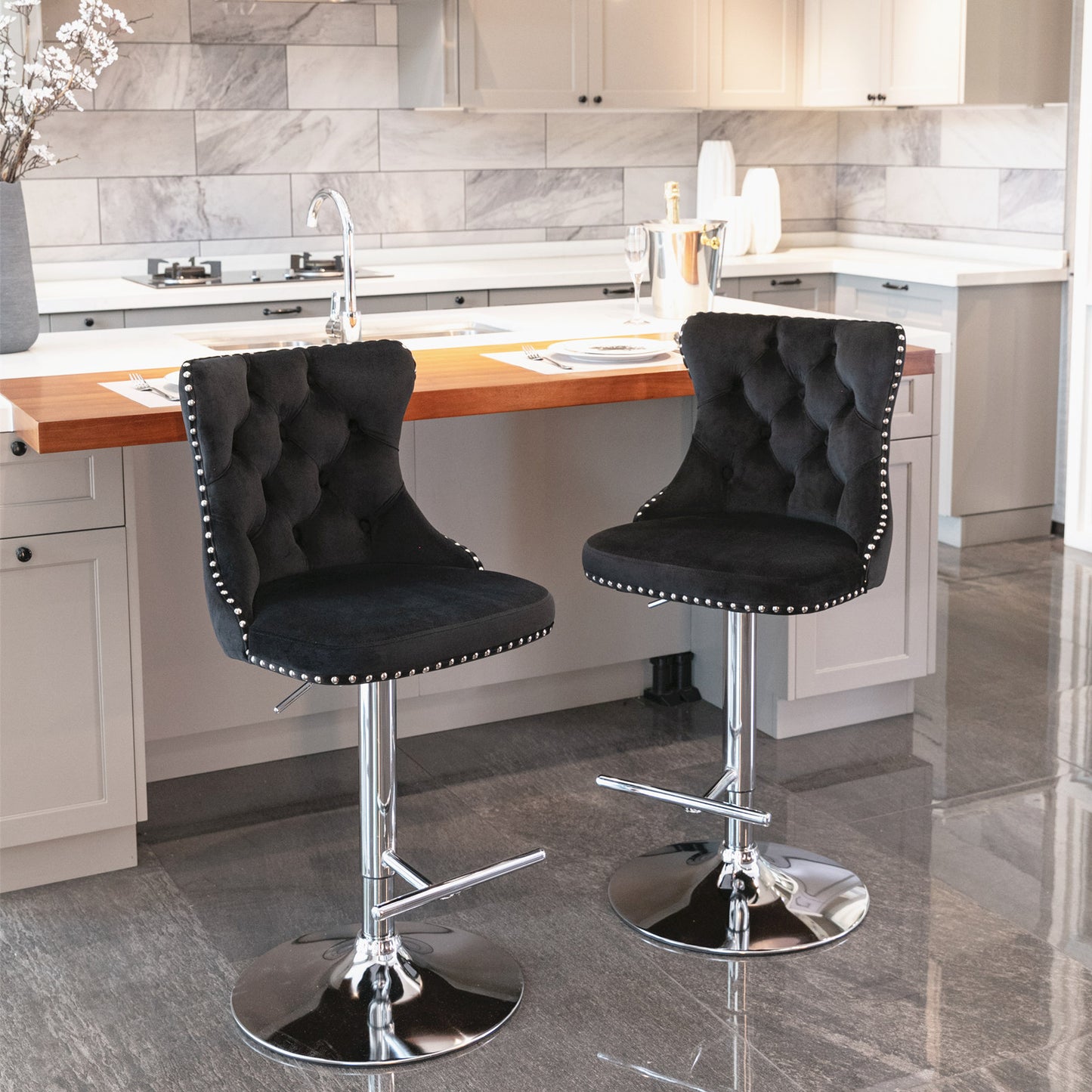 25-33 Inch, Modern Upholstered Chrome base Bar Stools with Back Comfortable Tufted for Home Pub and Kitchen Island（Black,Set of