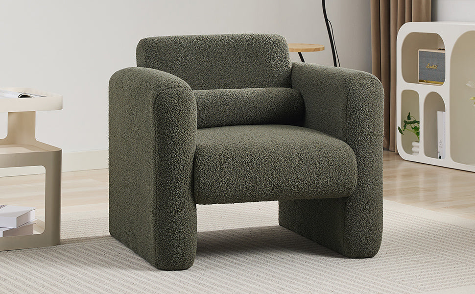 Modern Chair with Sheepskin Sherpa Fabric, Soft Cushion Armchair in Seaweed Green for Living Rooms