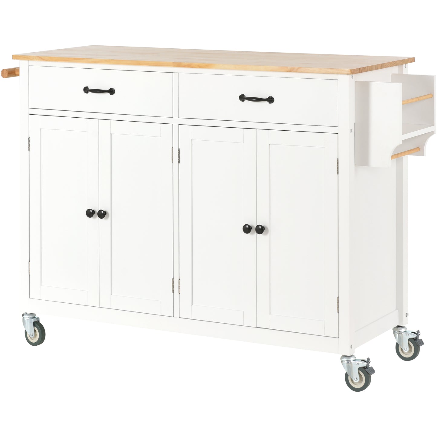 Carrito de cocina con isla con cubierta de madera maciza y ruedas con bloqueo, ancho de 54,3 pulgadas en color blanco