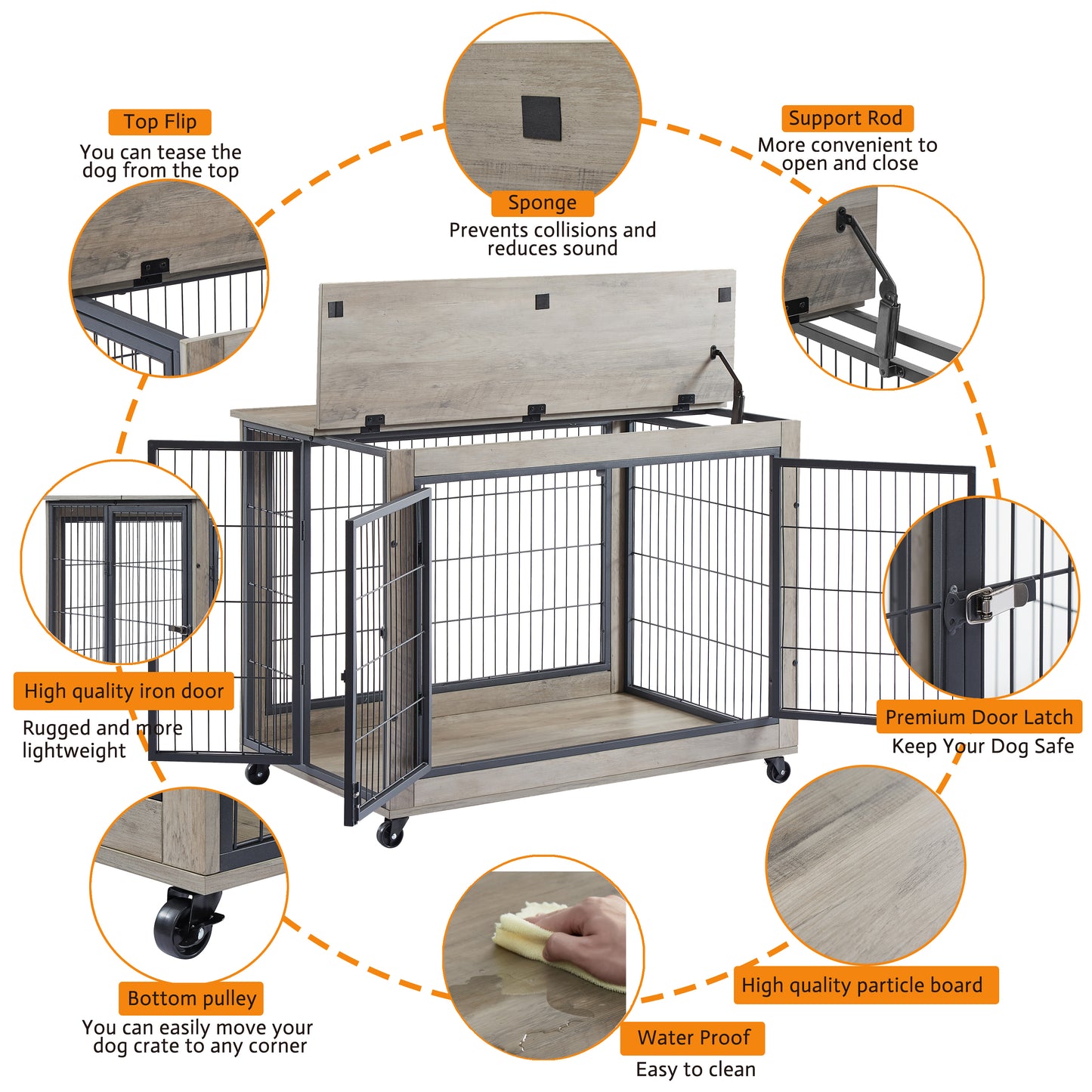 Furniture Style Dog Crate Side Table on Wheels with Double Doors and Lift Top.Grey,38.58''w x 25.5''d x 27.36''h