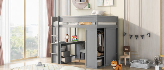 Wood Full Size Loft Bed with Wardrobes and 2-Drawer Desk with Cabinet  Gray