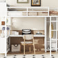 Metal loft bed with wardrobe and L-shaped desk, full-size loft bed with storage cabinet and shelf, white