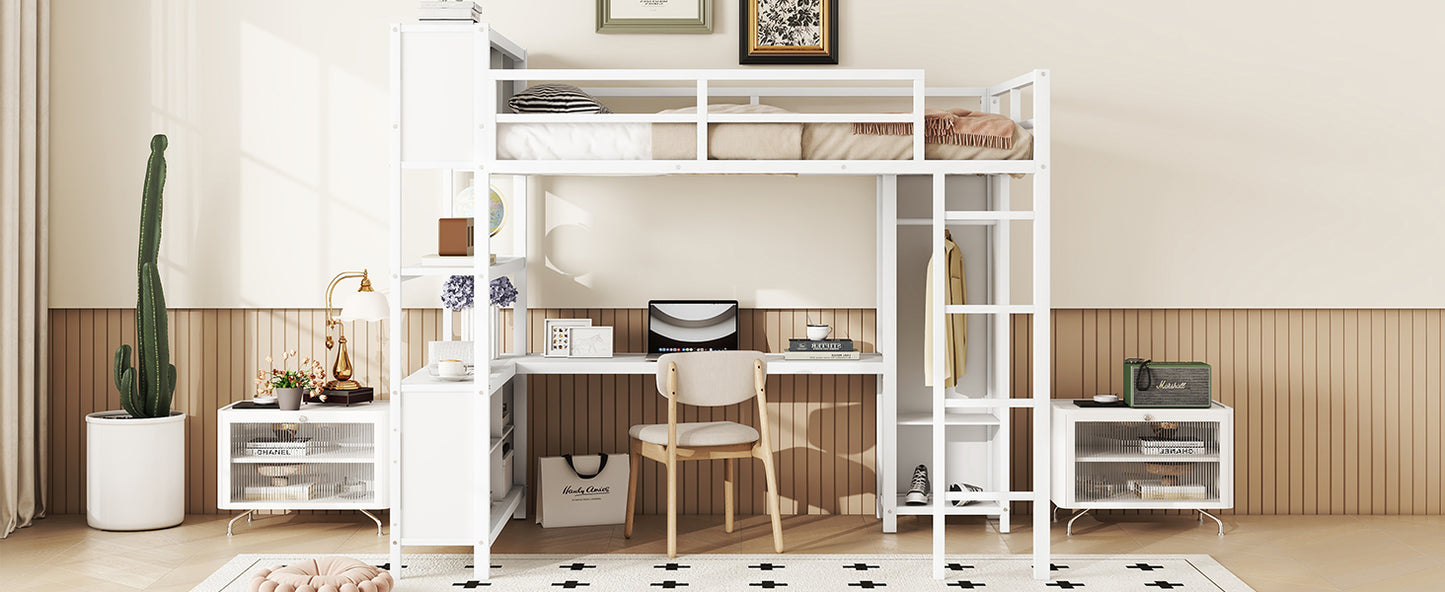 Metal loft bed with wardrobe and L-shaped desk, full-size loft bed with storage cabinet and shelf, white