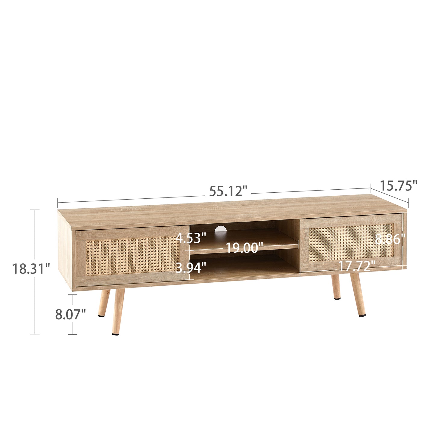 Rattan TV cabinet double sliding doors for storage adjustable shelf solid wood legs TV console for living room natural