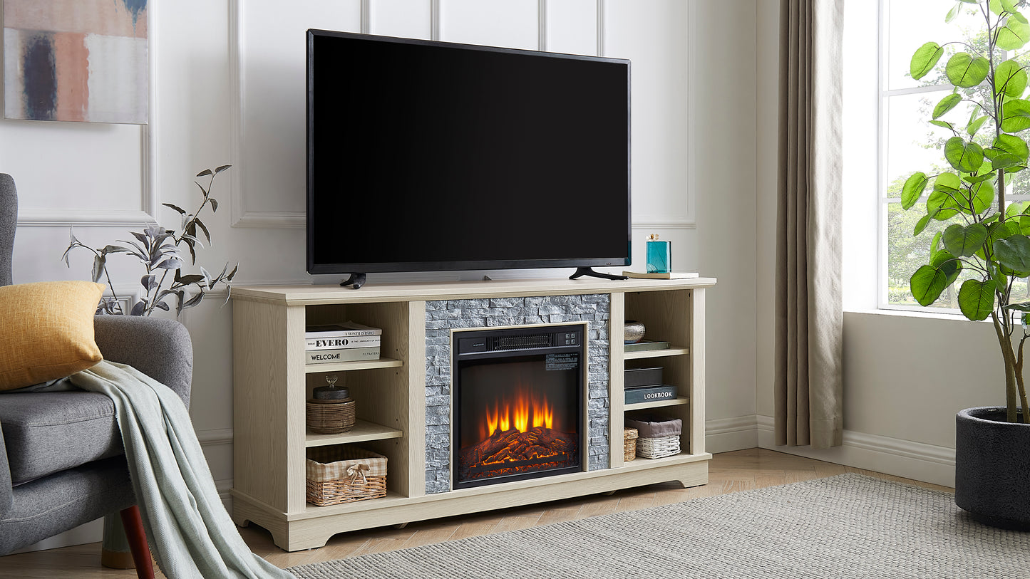 Mantel Electric Fireplace Stone TV Media Stand with Open Storage Console and 18-Inch Fireplace Insert, White