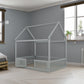 Full Size Wood House Bed with Fence and Door, Gray