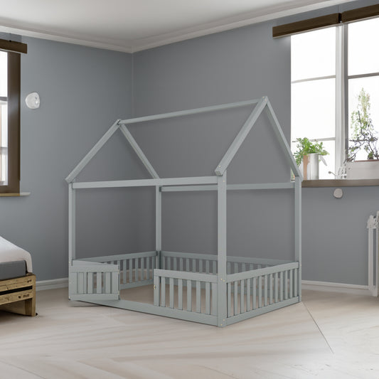 Full Size Wood House Bed with Fence and Door, Gray