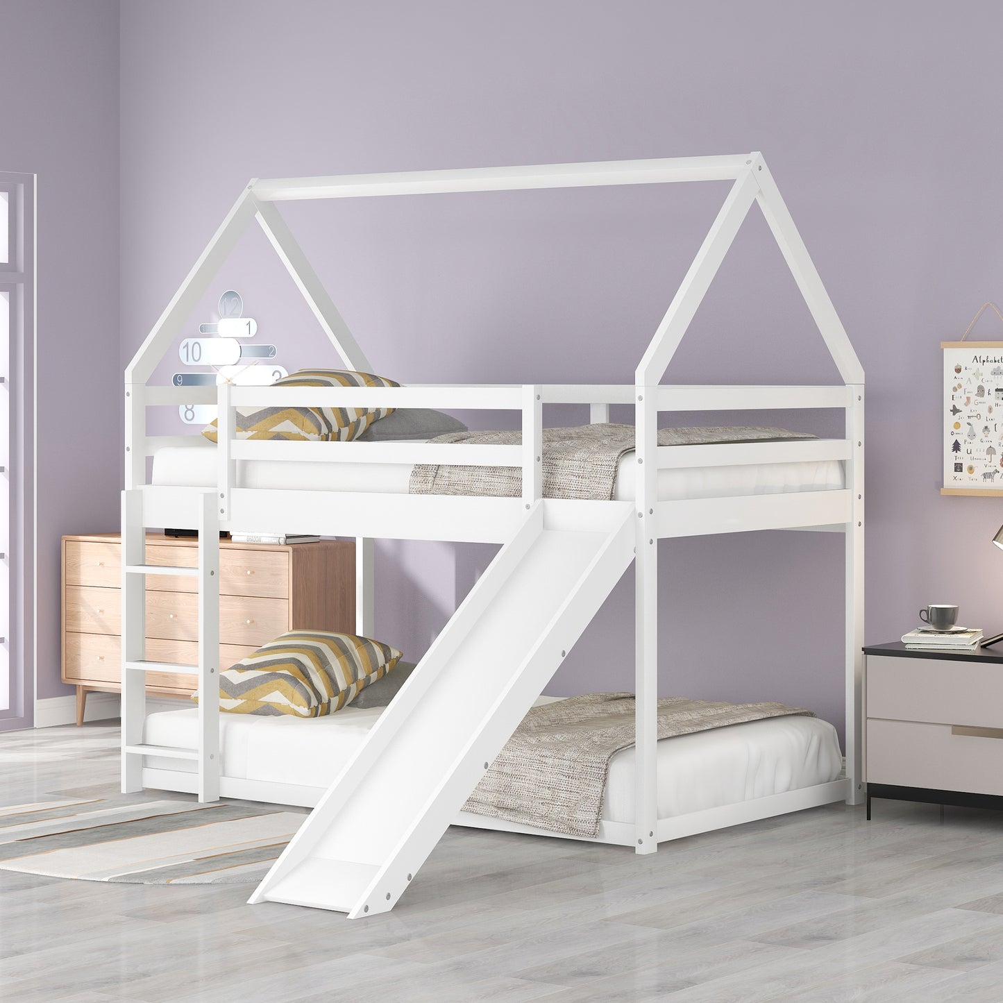 Twin Size Bunk House Bed with Slide and Ladder White