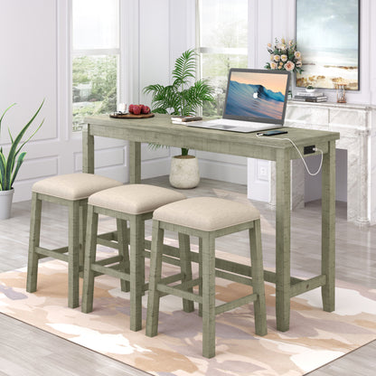 TOPMAX 4-Piece Counter Height Table Set with Fabric Padded Stools, Rustic Bar Dining Set in Gray Green