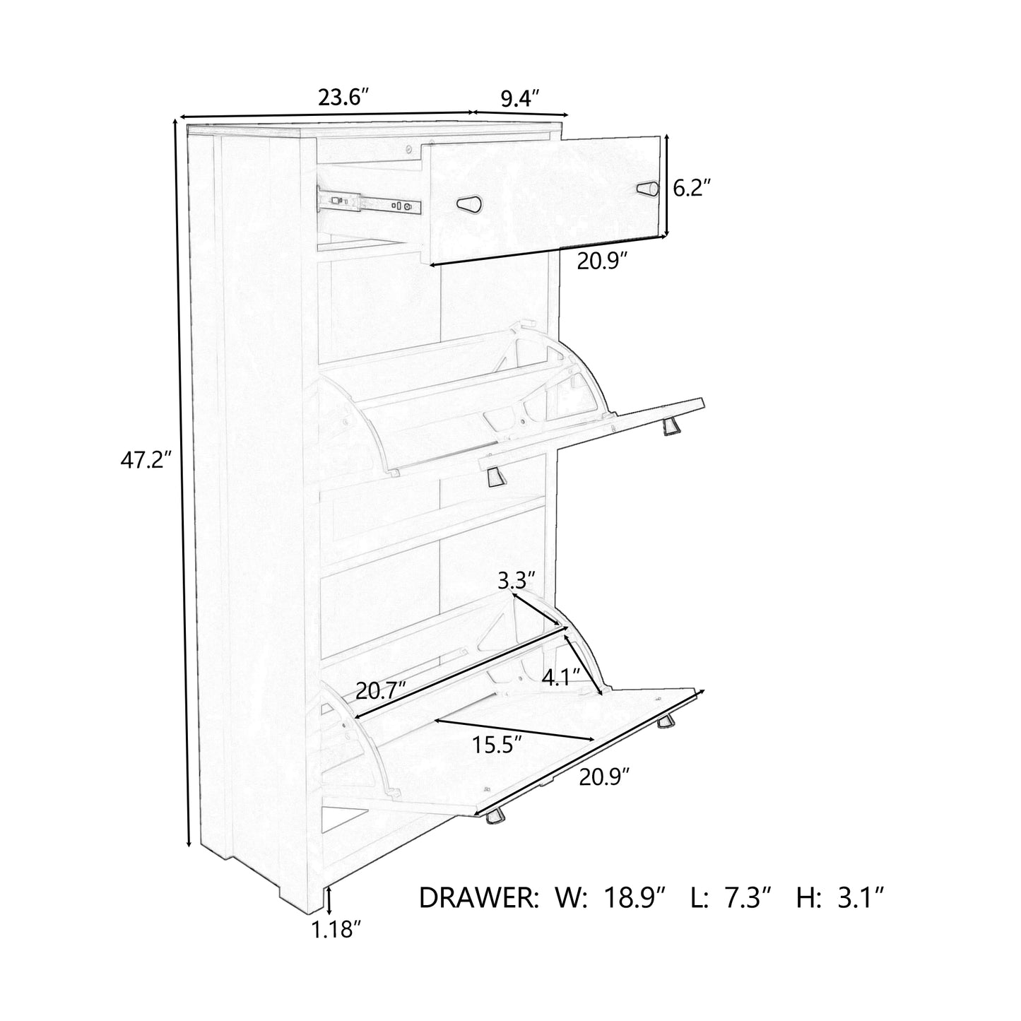 ONTREND with 2 flip drawers, top shoe cabinet with drawers, independent shoe rack with adjustable panel, white