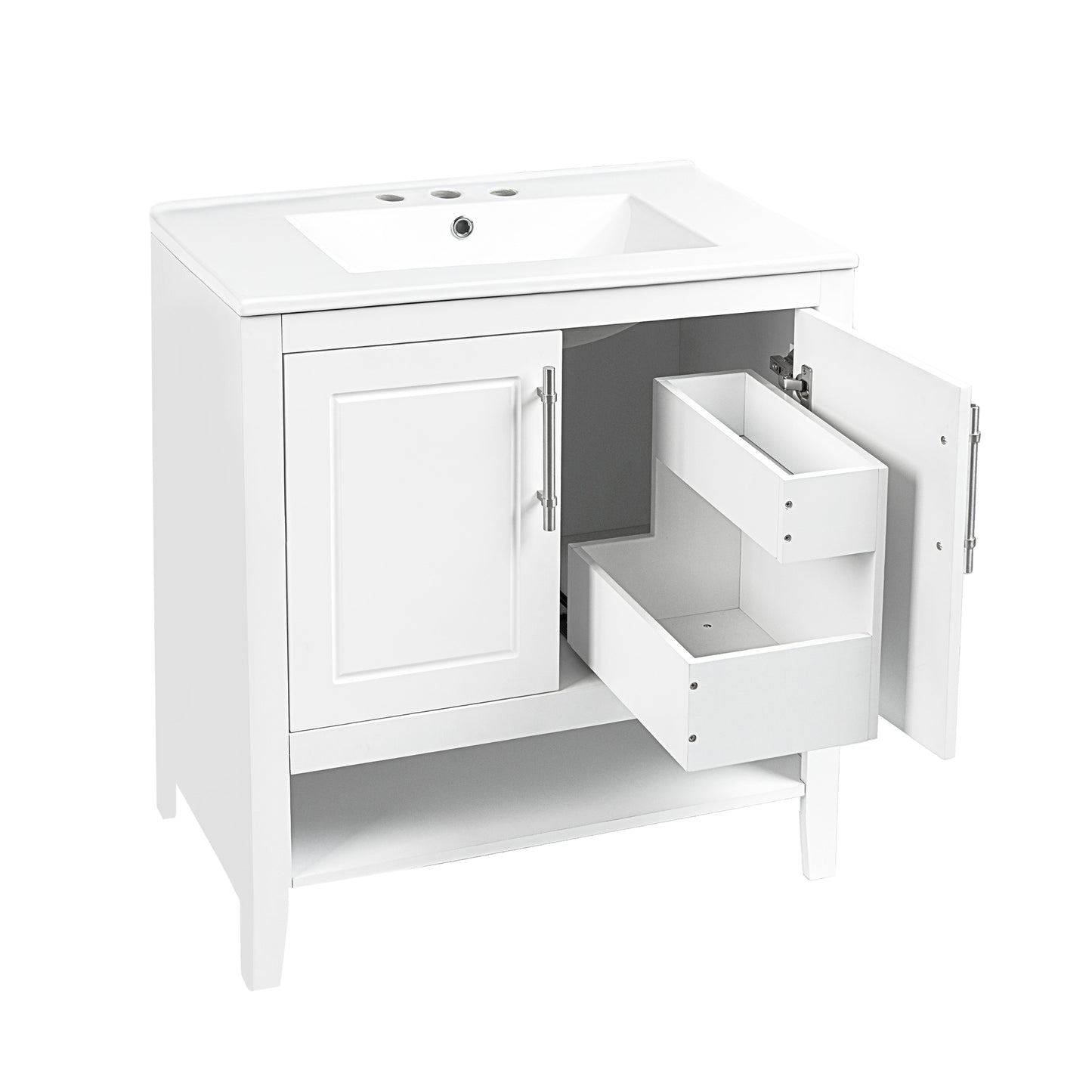 Bathroom Vanity with Sink Multi-functional Bathroom Cabinet with Doors and Drawers Solid Frame and MDF Board, White