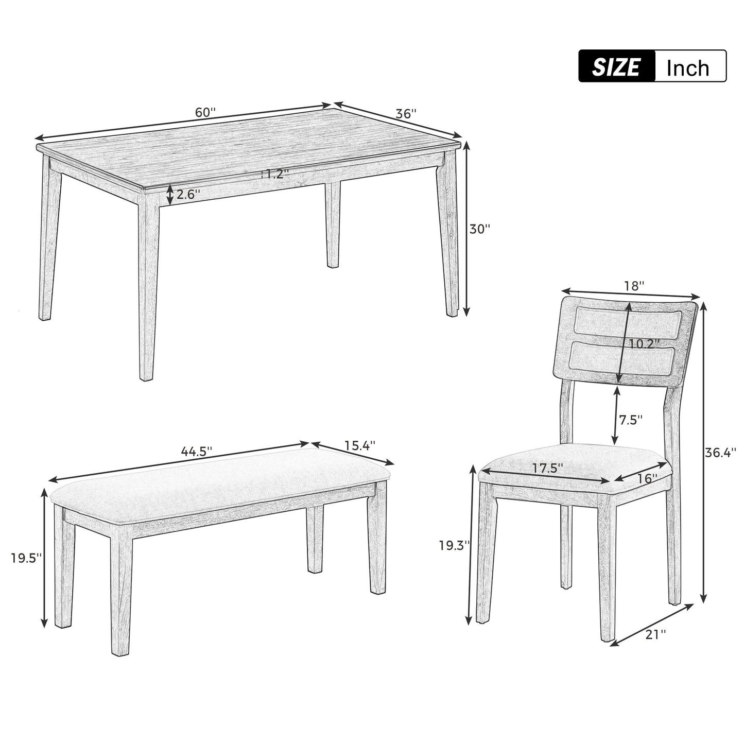 TREXM Classic and Traditional Style 6 - Piece Dining Set, Includes Dining Table  4 Upholstered Chairs & Bench (White+Gray)