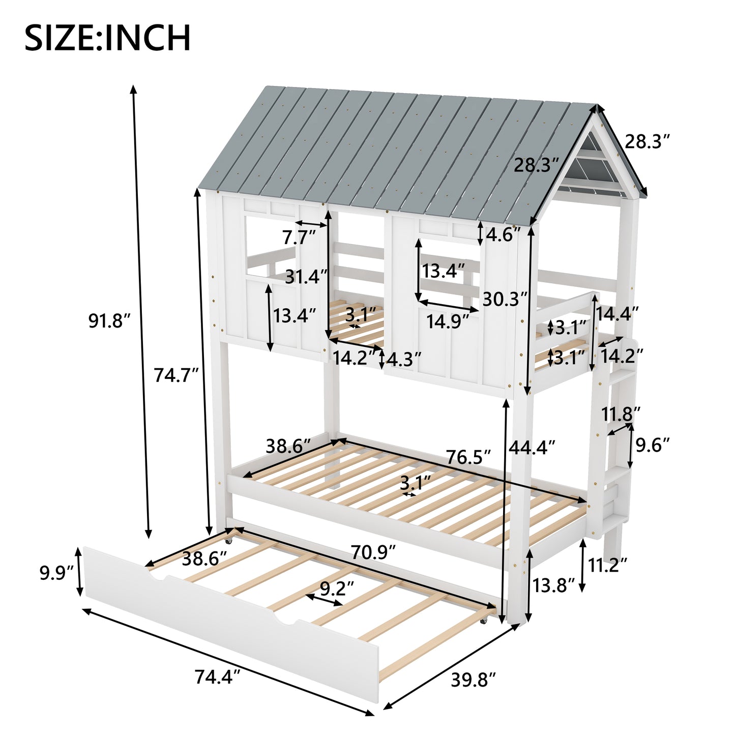 House Bunk Bed with Trundle,Roof and Windows White