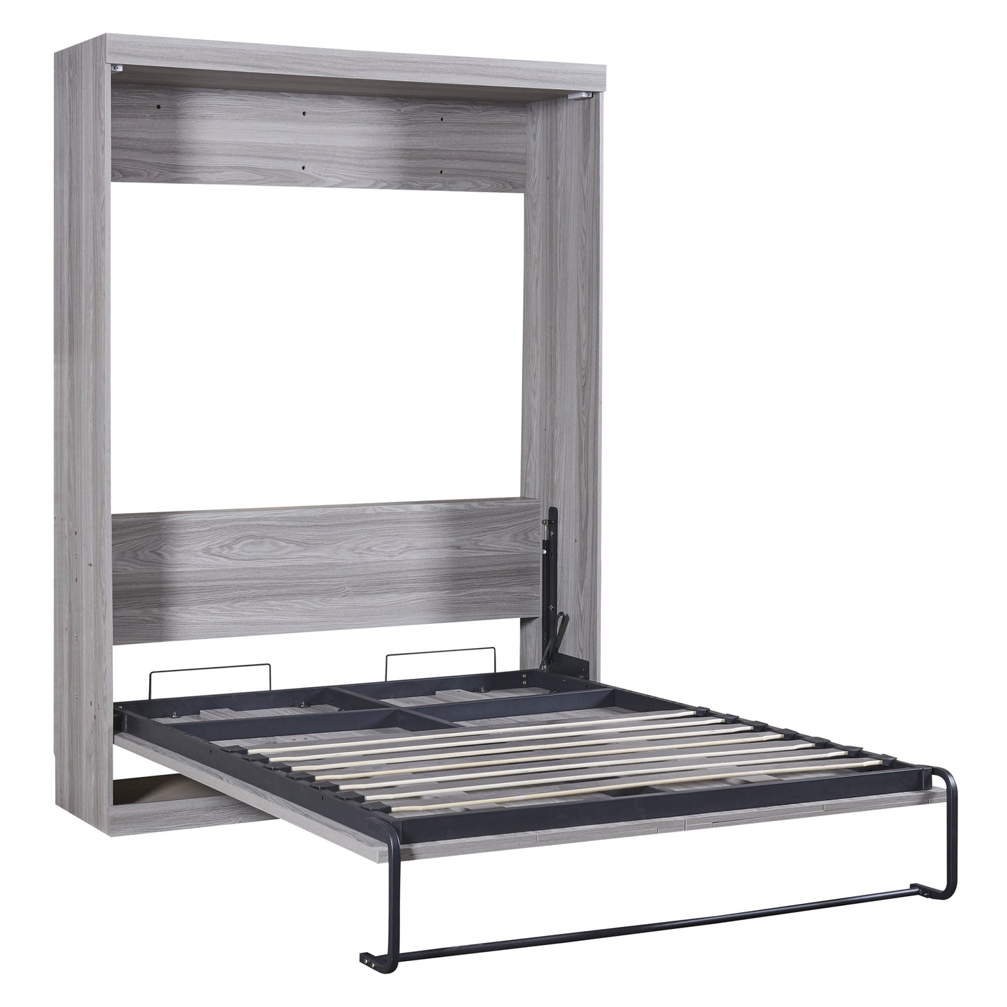 Cama plegable tamaño completo con compartimentos para guardar cosas y acabado gris para espacios reducidos