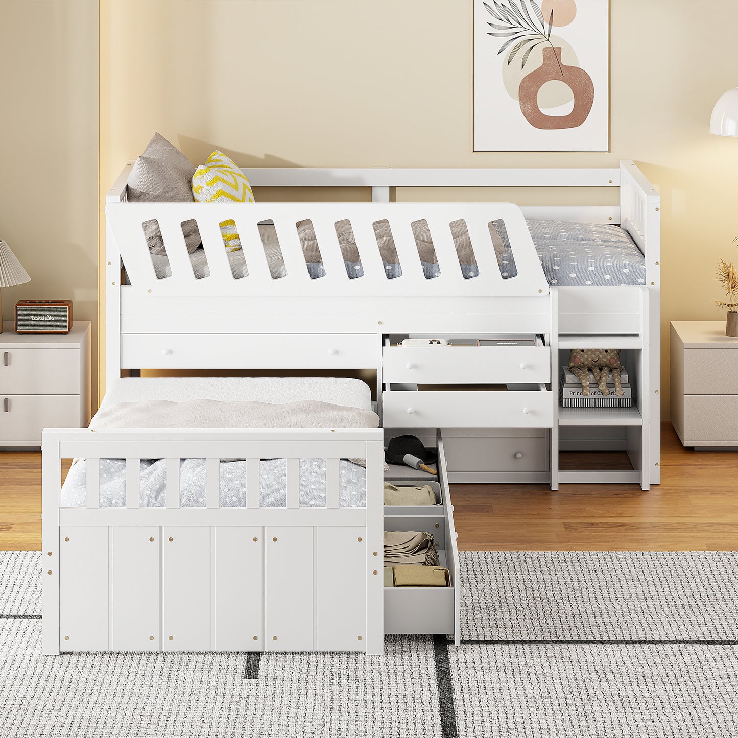 L-shaped Space-Saving Twin Loft and Twin Platform Bed with 7 Drawers and Full Guardrails(WHITE)