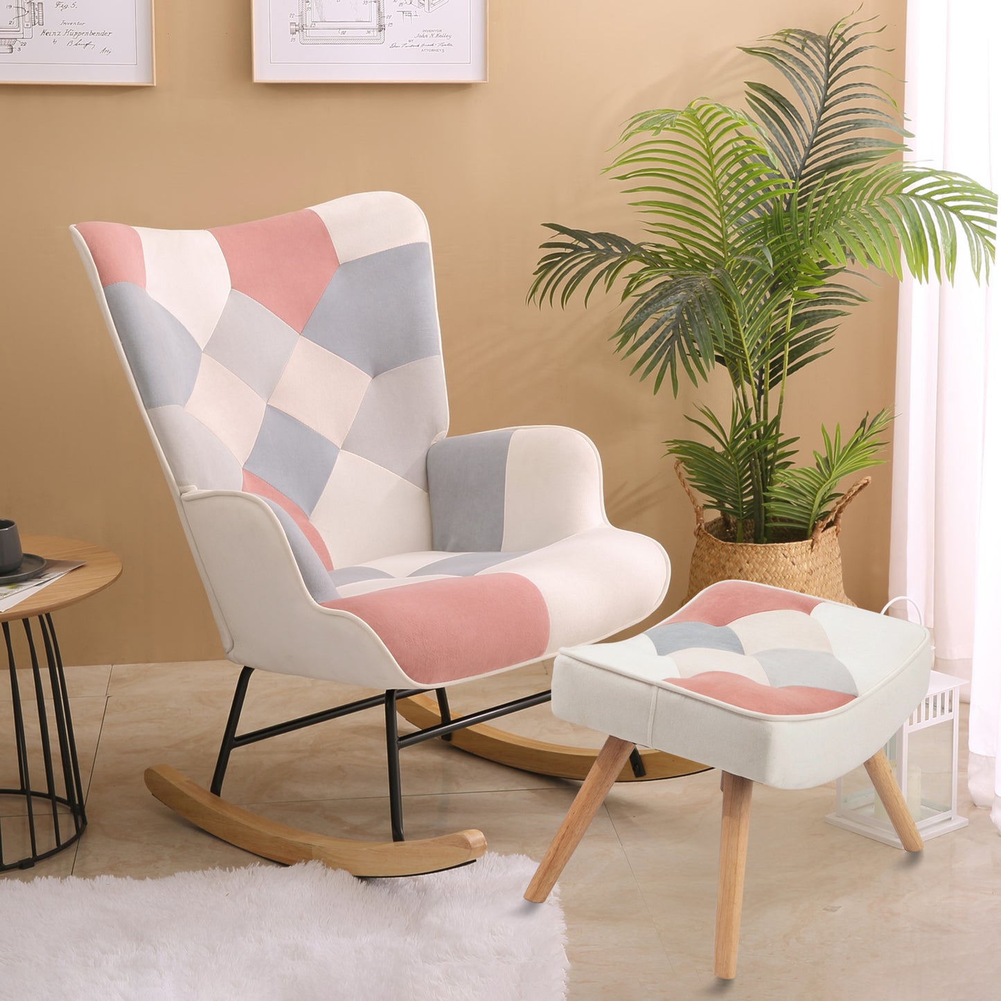 Rocking Chair with ottoman, Mid Century Fabric Rocker Chair with Wood Legs and Patchwork Linen for Livingroom Bedroom