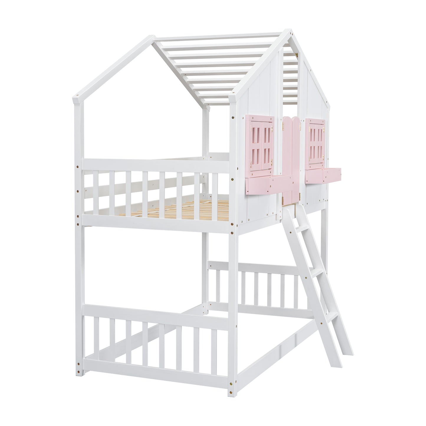 Twin over Twin House Bunk Bed with Roof , Window, Window Box, Door , with Safety Guardrails and Ladder, Pink/White