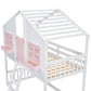 Twin over Twin House Bunk Bed with Roof , Window, Window Box, Door , with Safety Guardrails and Ladder, Pink/White