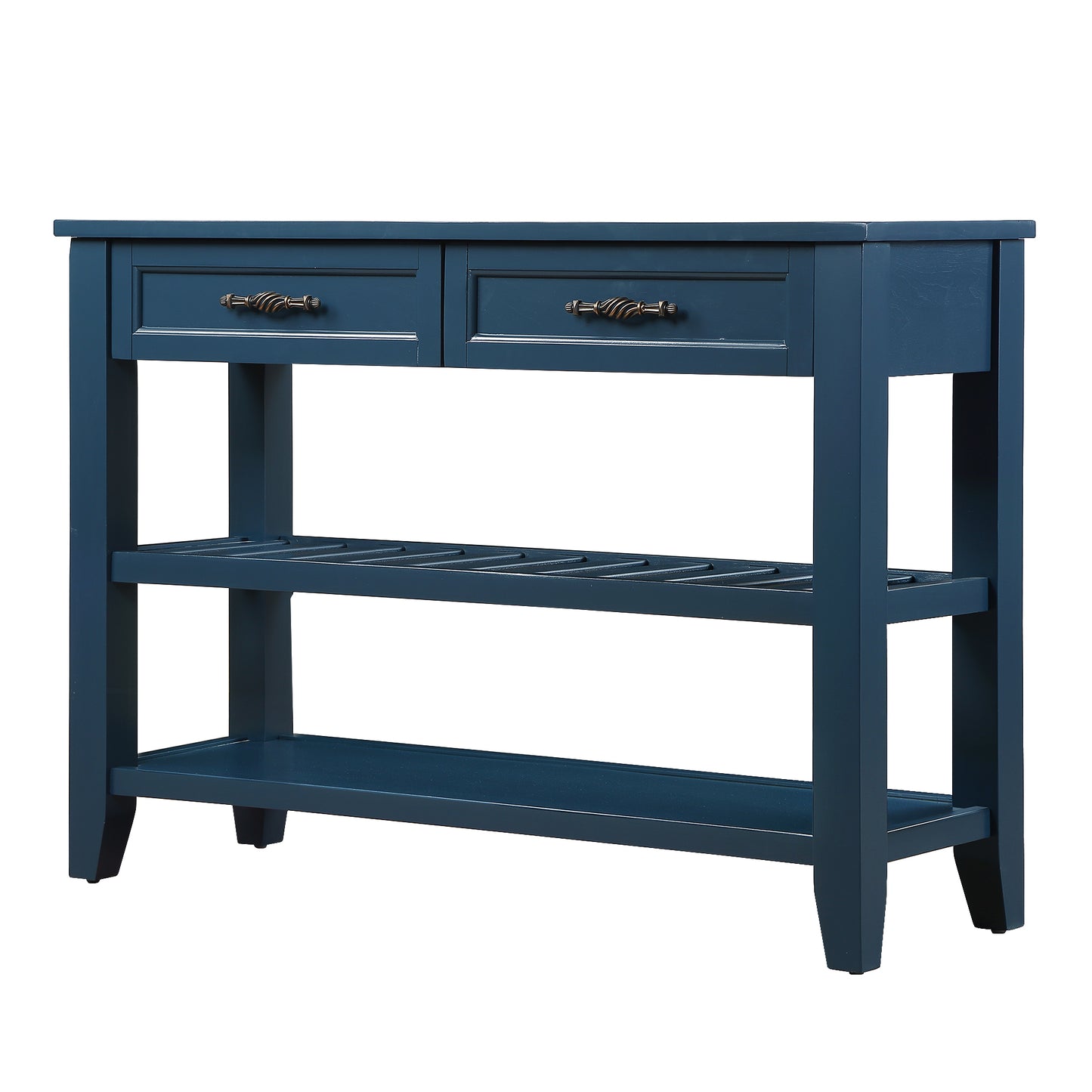 Console Sofa Table with 2 Storage Drawers and 2 Tiers Shelves Mid-Century Style 42'' Solid Wood Buffet Sideboard Navy Blue