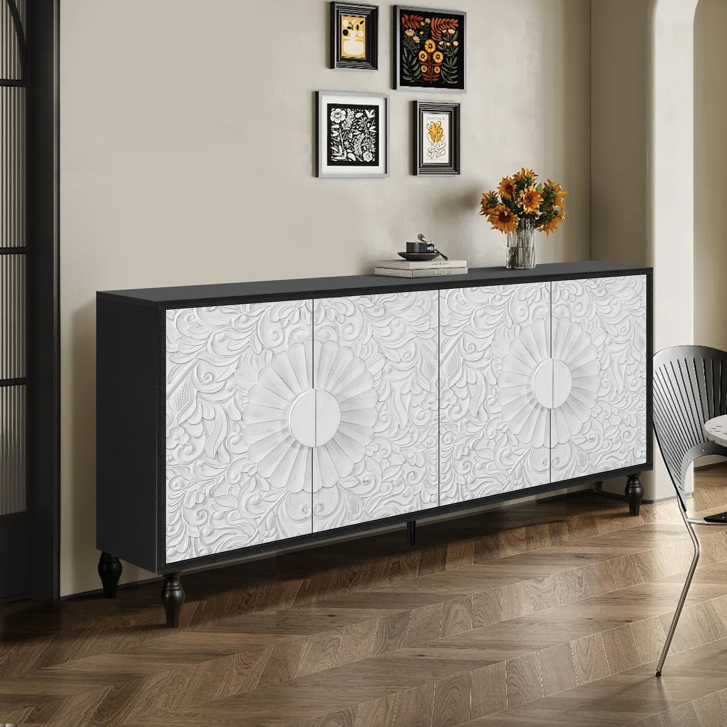 Vintage White Large Faceted Carved Sideboard with Black Frames, Perfect for TV Stands and Accent Cabinets